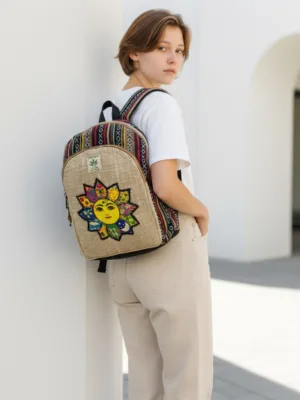 Rucksack, groß, aus Hanffaser, bestickt mit Motiv Sonne