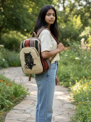 Rucksack, klein aus Hanffaser, Motiv "Eule"