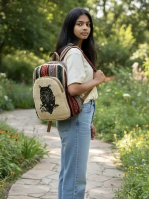 Rucksack, klein aus Hanffaser, Motiv "Eule"